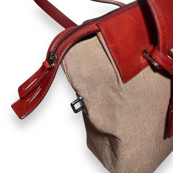 Jil Sander Shoulder Bag Red Leather & Canvas Tote Leather Lining w Keys No Lock - Picture 4 of 15